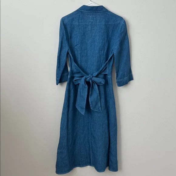 120% Lino 100% Linen Blue Button Front Tie Waist Midi Shirt Dress Size: 42 - Picture 8 of 12